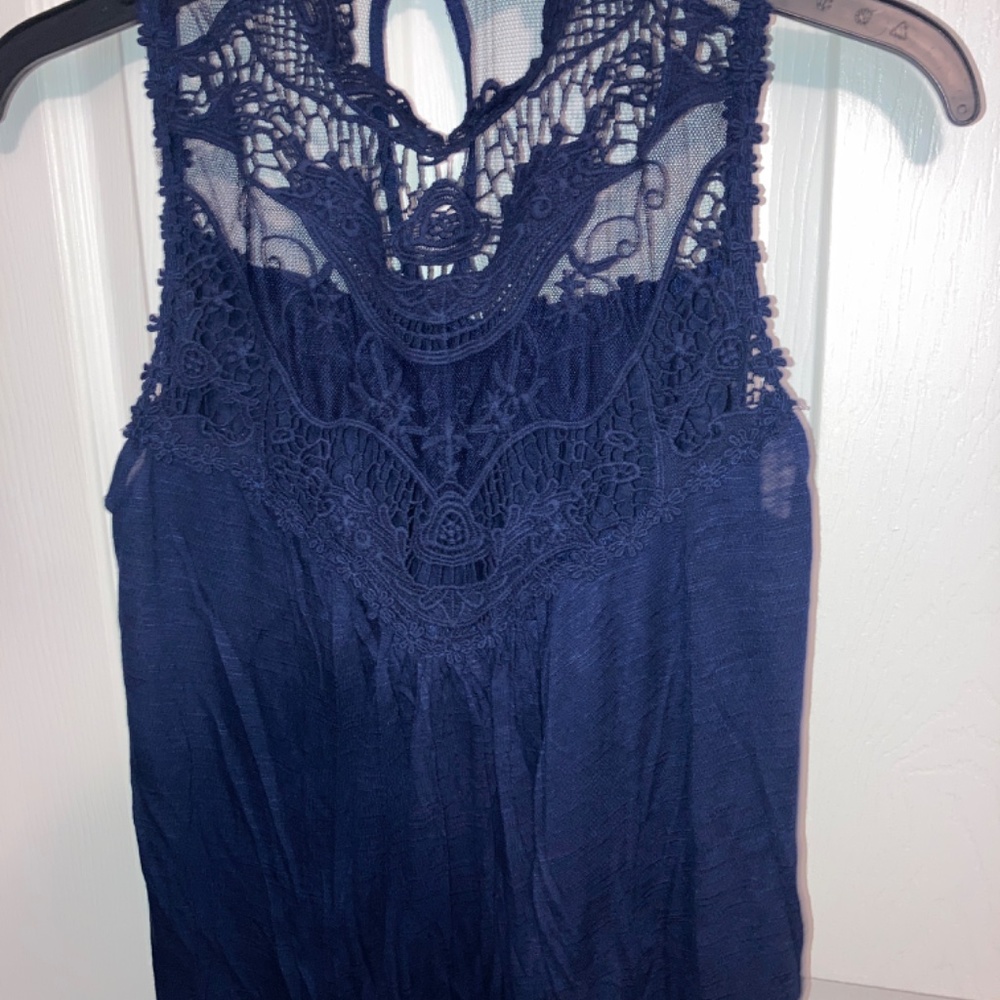 Navy Lace High Neck Sleeveless Dress shirt - Picture 2 of 4